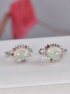 Natural Ethopian Opal Hoop Earrings 925 Sterling Silver